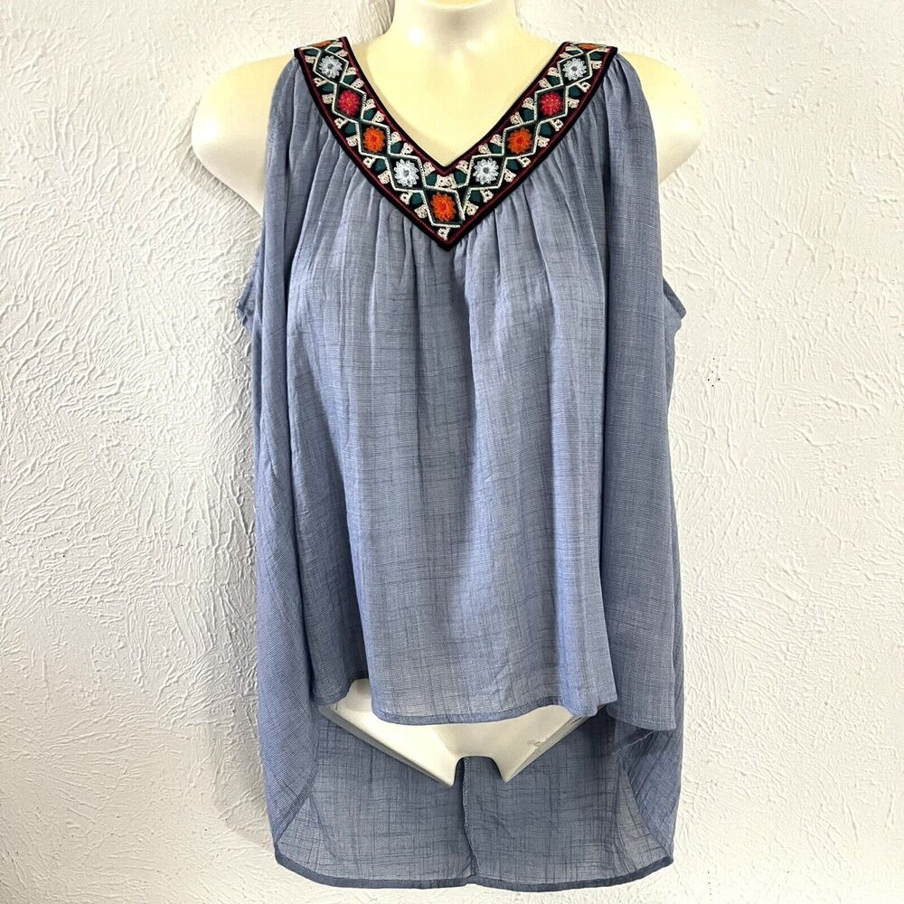 THML Women Blue Multicolor Embroidered Rayon Blend Boho Sleeveless V-Neck Top M